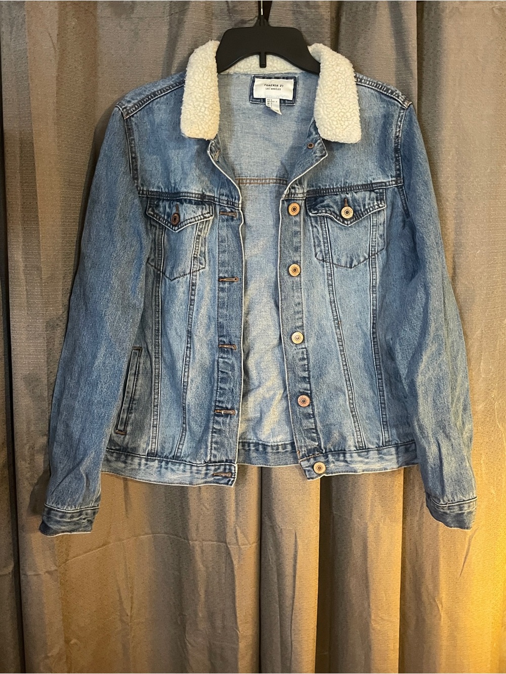 Classic Forever 21 Light Blue Denim Jacket with Sherpa Collar